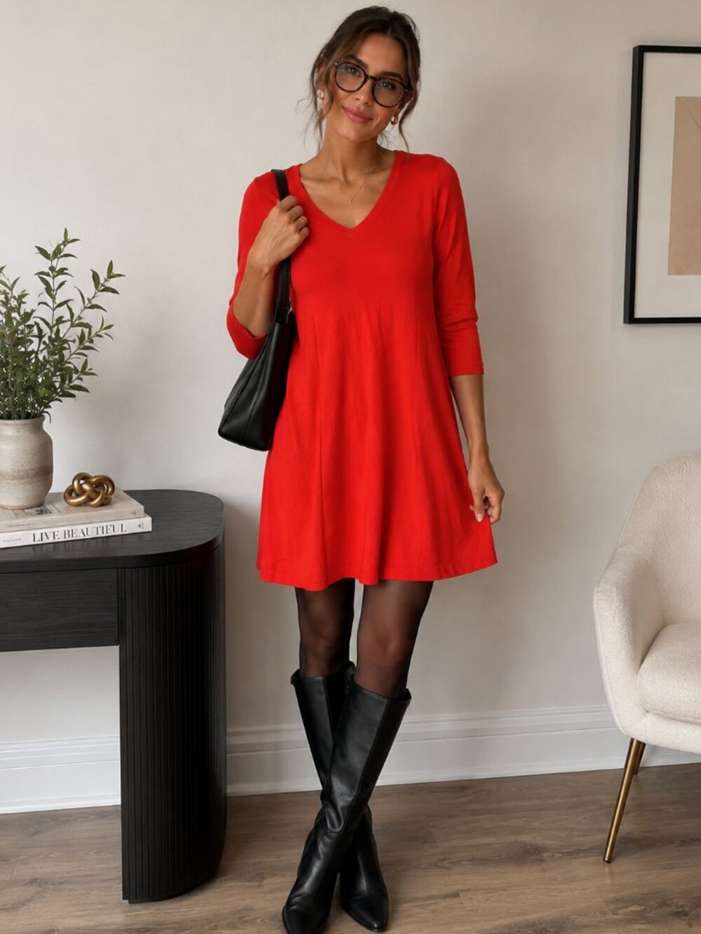 LOFT Red V-Neck Swing Dress Size M Medium 3/4 Sleeve A-Line Mini Work Office